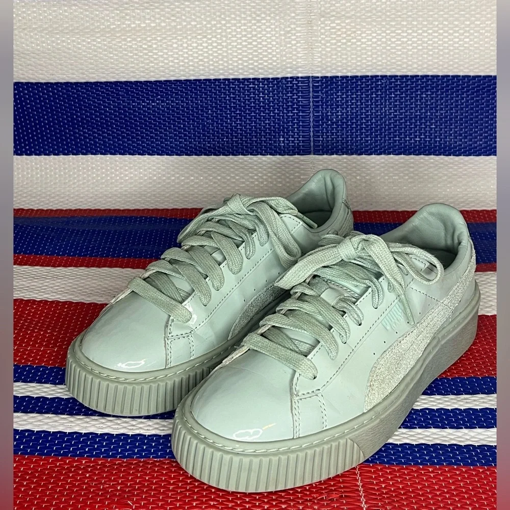 PUMA - Women's Mint Green Leather Basket Platform Sneakers Size 7.5 Shoes Unisex